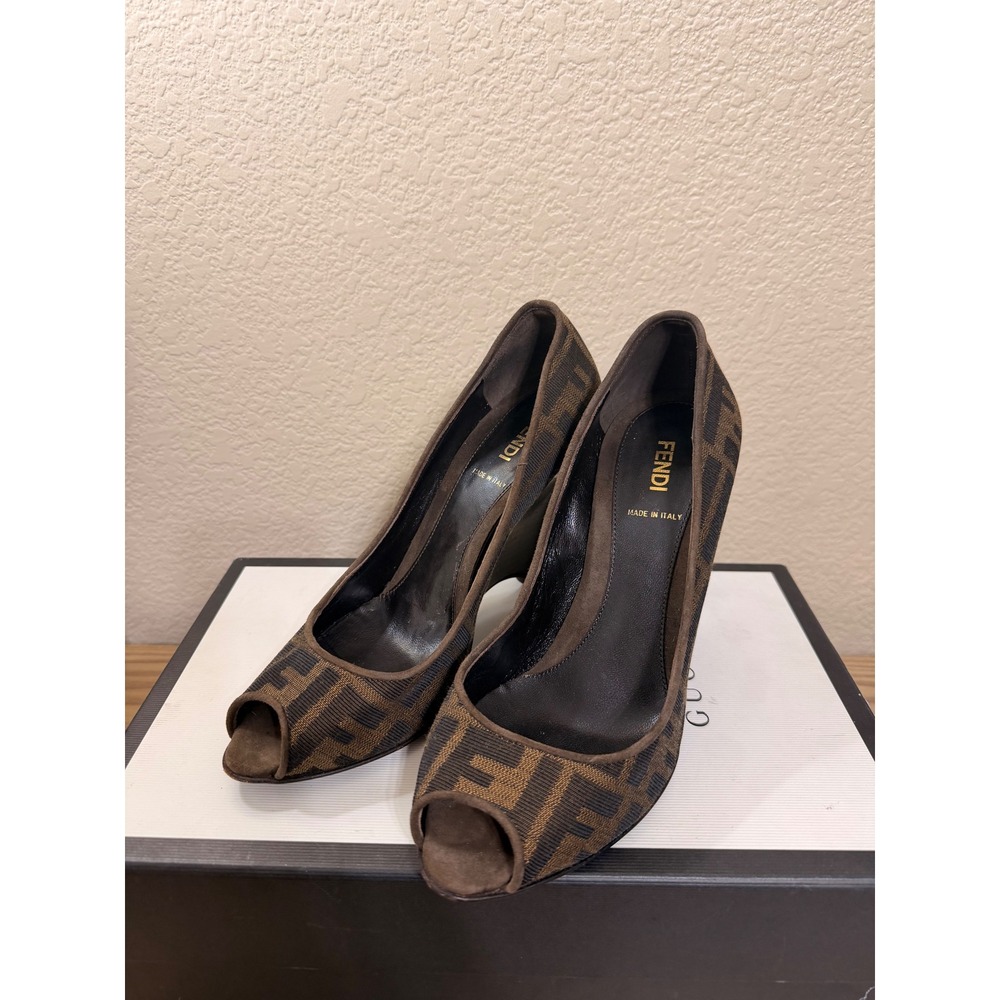 Fendi Zucca Monogram Peep Toe Wedge Pumps Brown Canvas IT 38 US 8